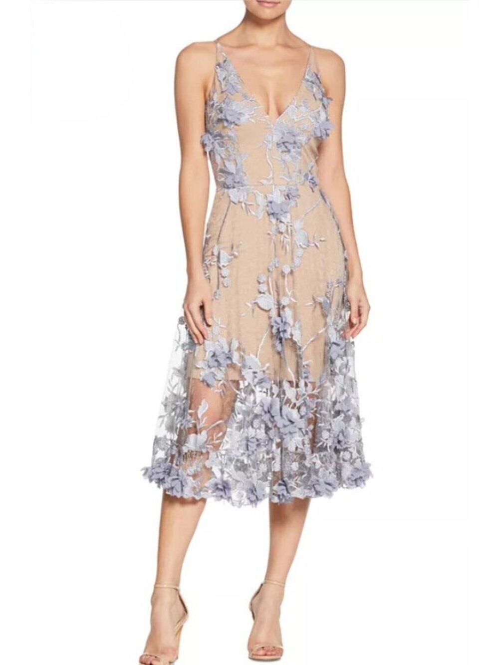 Dress the Population Audrey Floral Applique Dress in Blue Size Large